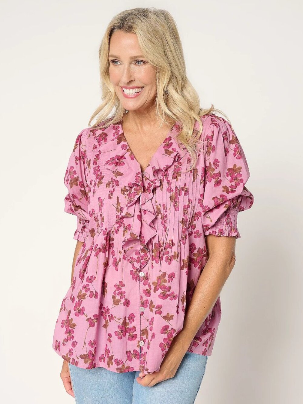 NWOT Ree by The Pioneer Woman Printed Cotton Ruffle Front Blouse Medium